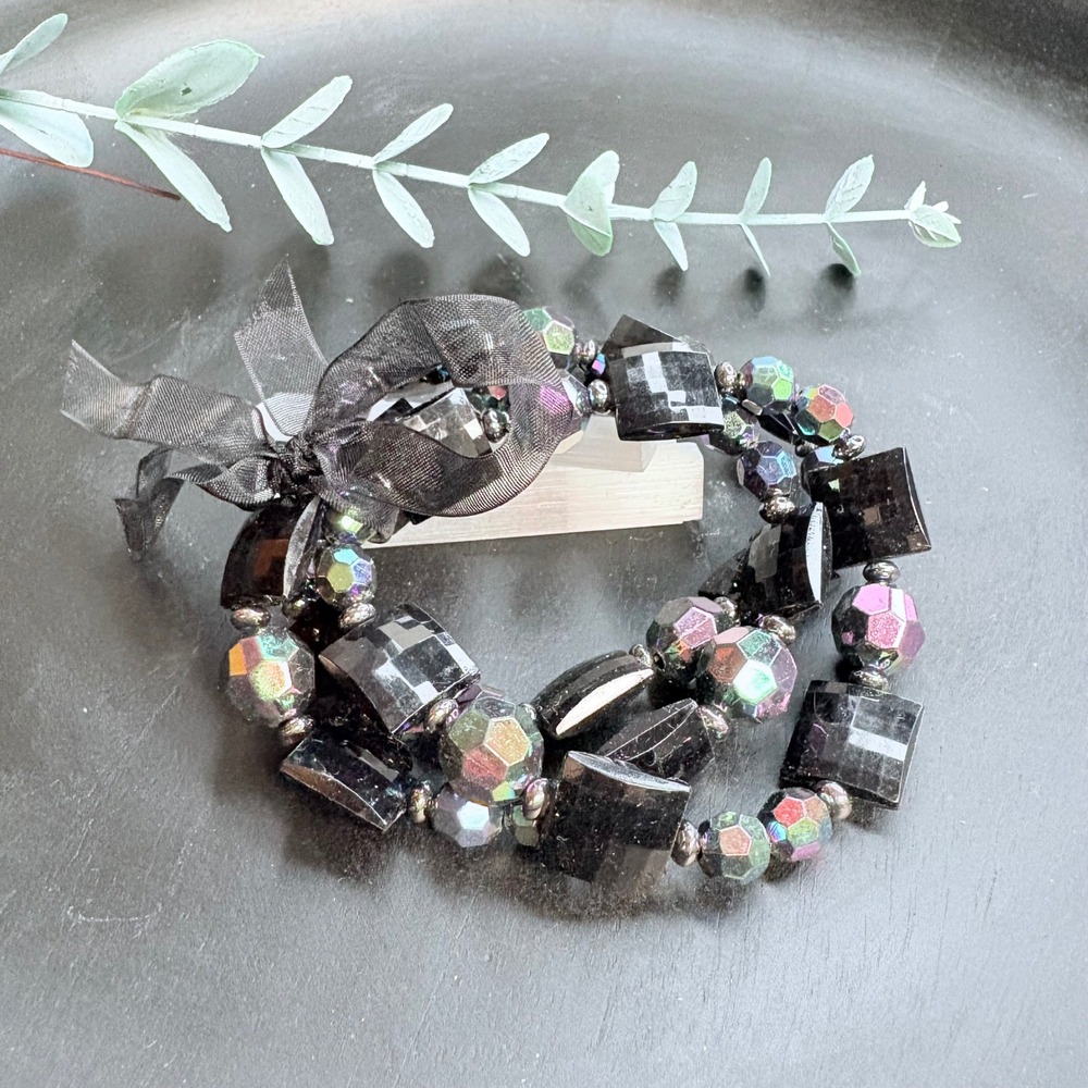 Black Acrylic Beaded Bracelet Set |  Stretch | Iridescent Gothic Boho Stack